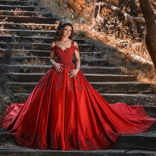 Red off shoulder satin - red,